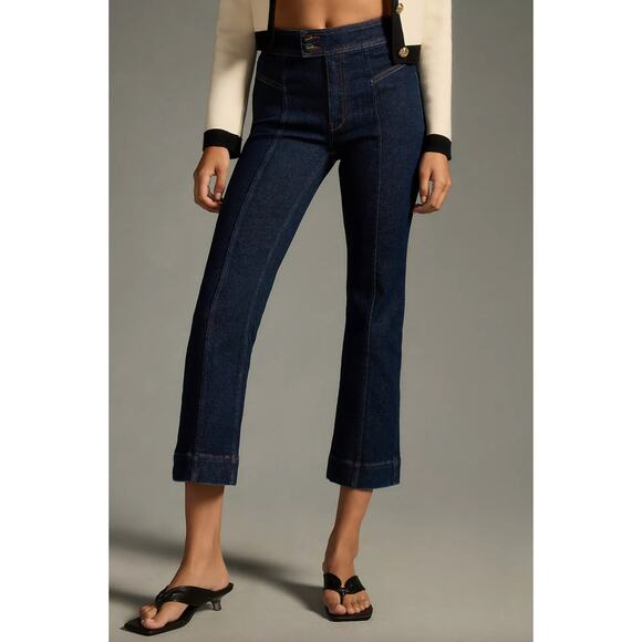 Pilcro Anthropologie Nyhavn Mid Rise Cropped Flare Jeans Women's Sz 28 Dark Blue - Picture 1 of 10